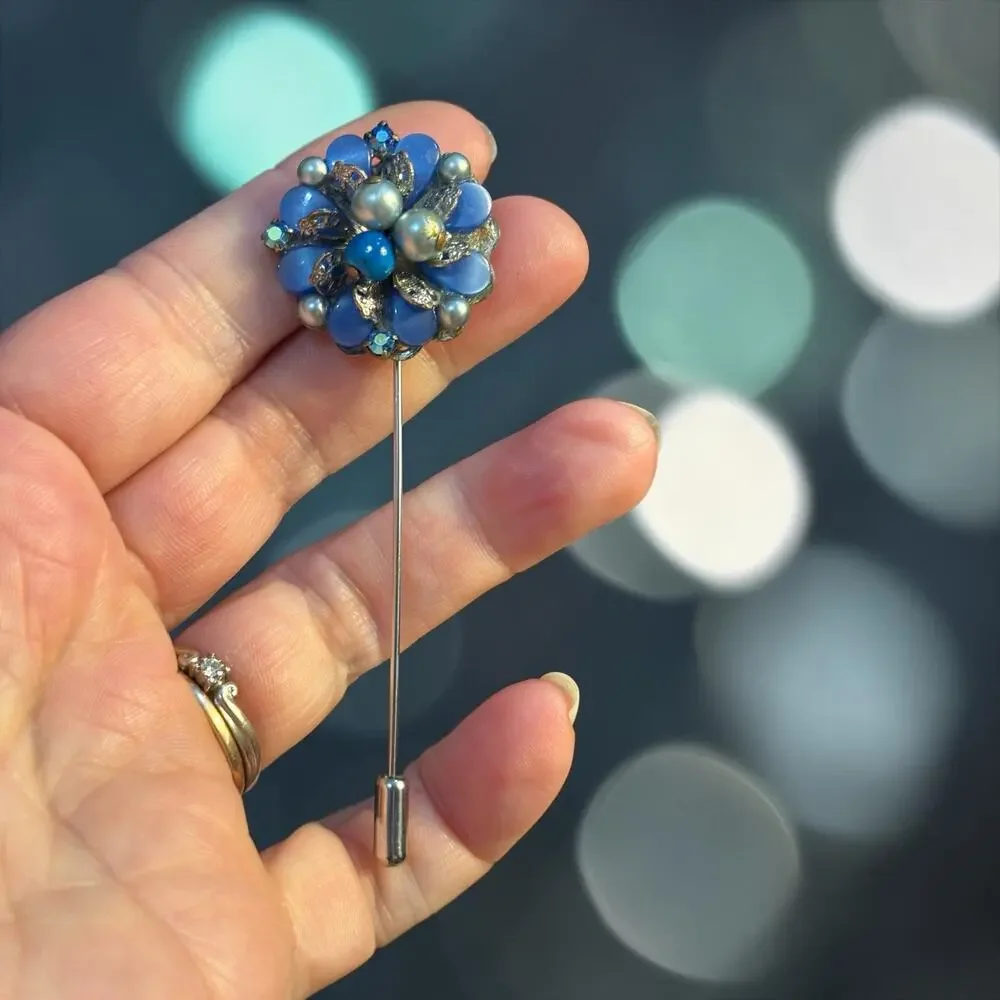 Blue Floral Stick Pin Something Blue Handmade Vintage Earring Lapel Pin